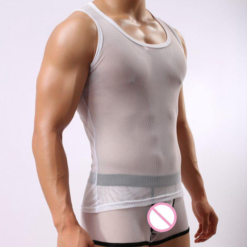 Men's Tank Tops Wholesale- STB501 Mesh Sheer Mens Brand Fashion Casual Vest Sexy Transparent Funny Tanks Undershirt For Man Soutong1