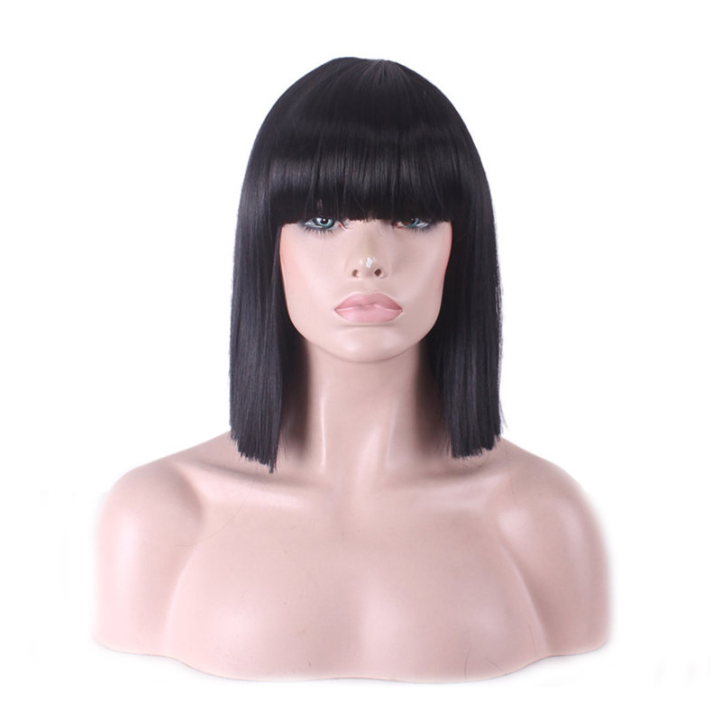 WoodFestival blue straight wig with bangs shoulder length hairstyle wigs for women pink white red synthetic fiber hair rose comfort hairnet 35cm