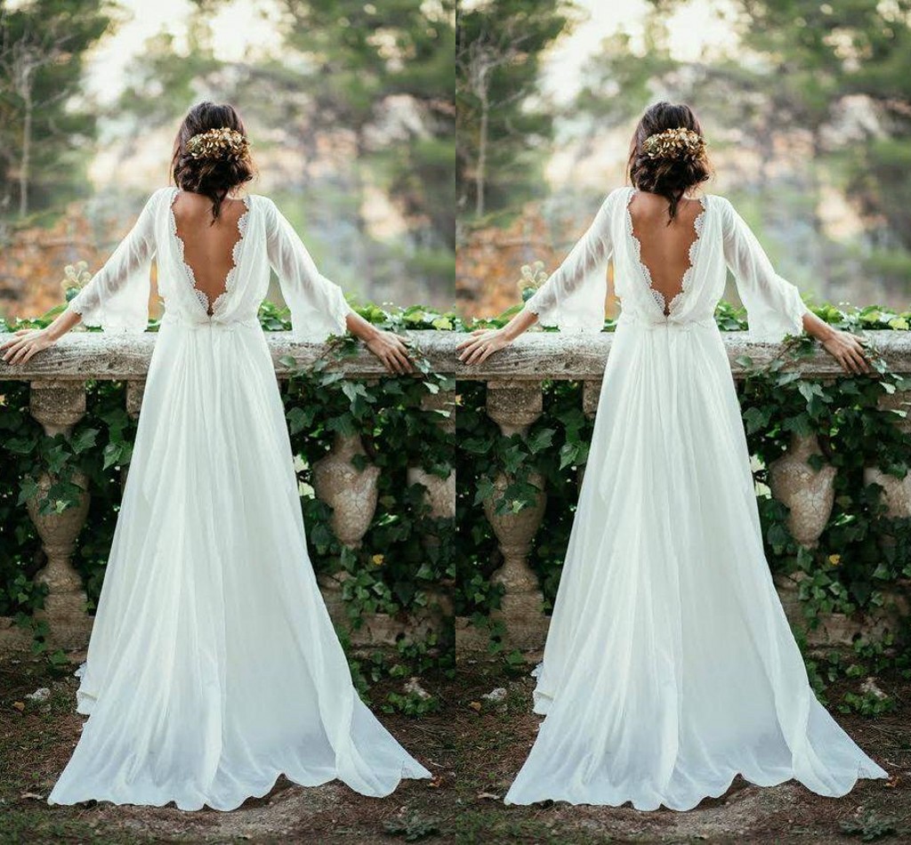 Sexy Ivory Lace 3/4 Long Sleeve Backless Bohemian Wedding Dresses Summer Court Train Ruched Chiffon Plus Size Beach Bridal Gowns, White
Sexy Ivory Lace 3/4 Long Sleeve Backless Bohemian Wedding Dresses Summer Court Train Ruched Chiffon Plus Size Beach Bridal Gowns, White