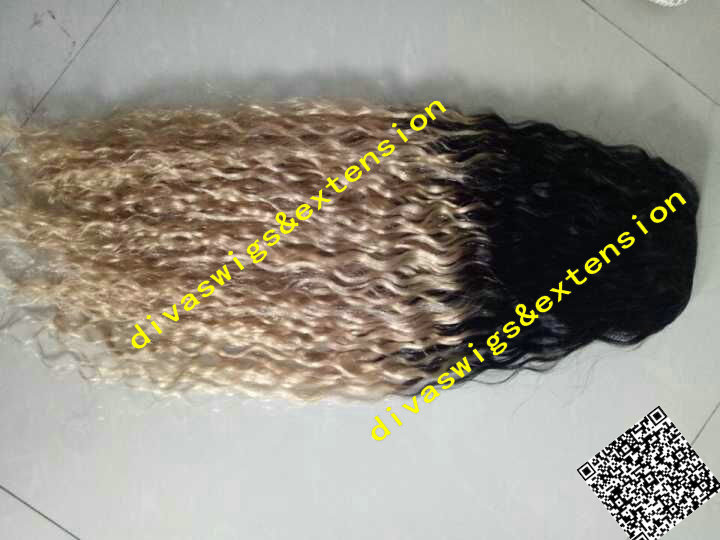 Custom ombre blonde 1b/27 ponytail virgin Brazilian kinky curly human hair Ombre ponytail clip in blonde hair extensions