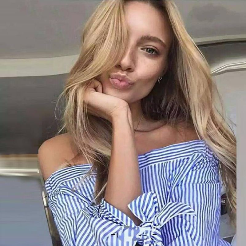 Chiffon Blouse Women Fashion Slash Neck Striped Shirt Summer Off Shoulder Casual Tops Bow Tie Bandage Womens Blouses T Shirts Blusa Mujer S-xl