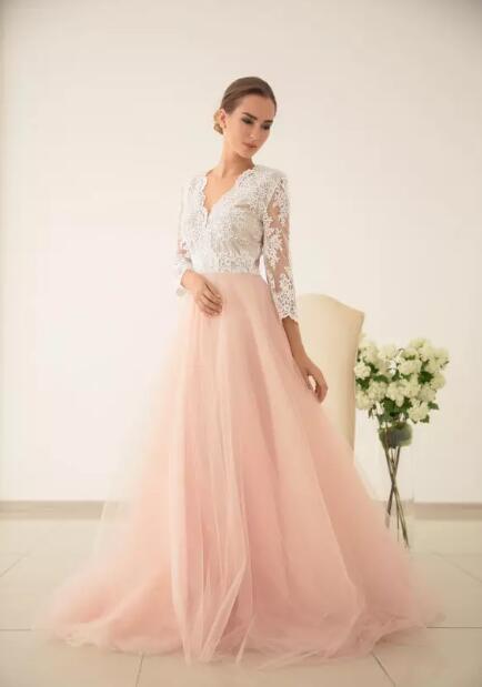Fairy 2017 Ivory Lace Peach Tulle Country Wedding Dresses Cheap V Neck Illusion 3/4 Long Sleeves Bridal Gowns Custom Made China EN8057