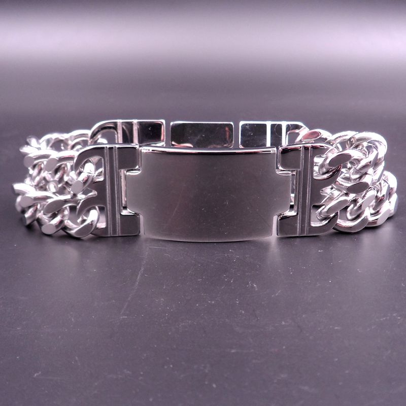 Silver Tone Biker Stainless Steel High Polished 2 Row Curb Chain bangle Smooth ID Bracelet for Men large 22mm 9 inch