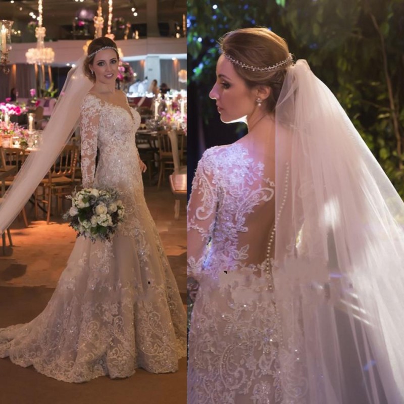 Real Image Elegant Wedding Dresses Long Sleeve V Neck A Line Sweep Train Lace Applique Sequins Bridal Gowns