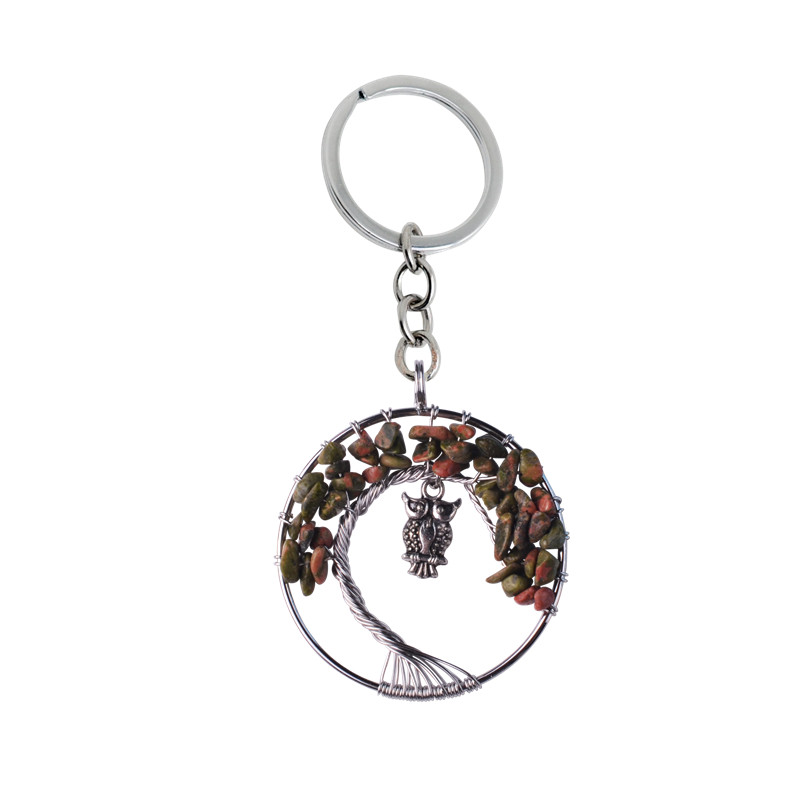 12pc/set New Life of Tree Crystal Keychain Owl Chakra Stone Black Onyx llavero Rainbow Natural Stone Wisdom Tree key chain for fahion
