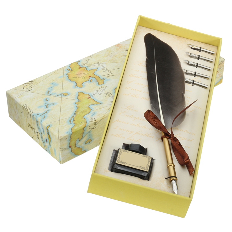 Wholesale-Excellent Antique Quill Feather Dip Pen Writing Ink Set Stationery Gift Box with 5 Nib Wedding Gift Quill Pen Fountain Pen