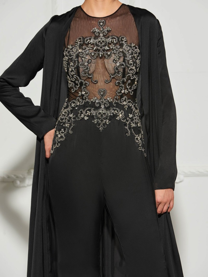 Black Jumpsuit Evening Gown With Jacket Two Pieces Applique Beads Illusion Sexy Prom Dress Mother Of The Bride Dresses Formal Gowns Party