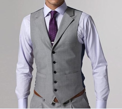 High Quality Wool Suits Side Slit Light Gray Groom Tuxedos Notch Lapel Man Business Suits Prom Suits (Jacket+Pants+Tie+Vest) L:02