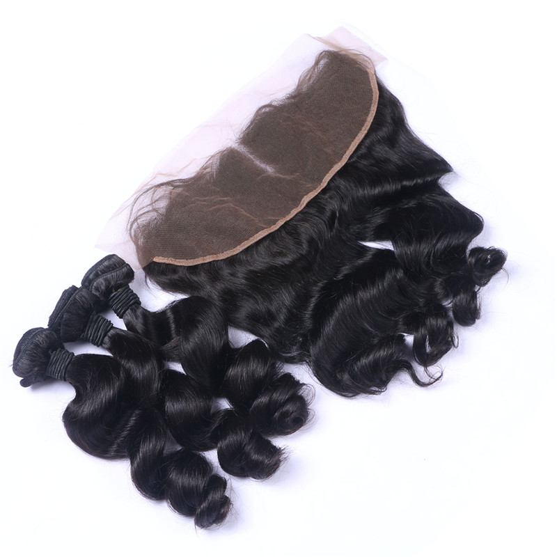 Loose Wave Brazilian Virgin Hair Lace Frontal With 3 Human Hair Bundles 13X4 Ear To Ear Lace Frontal Human Hair Weaves Closure