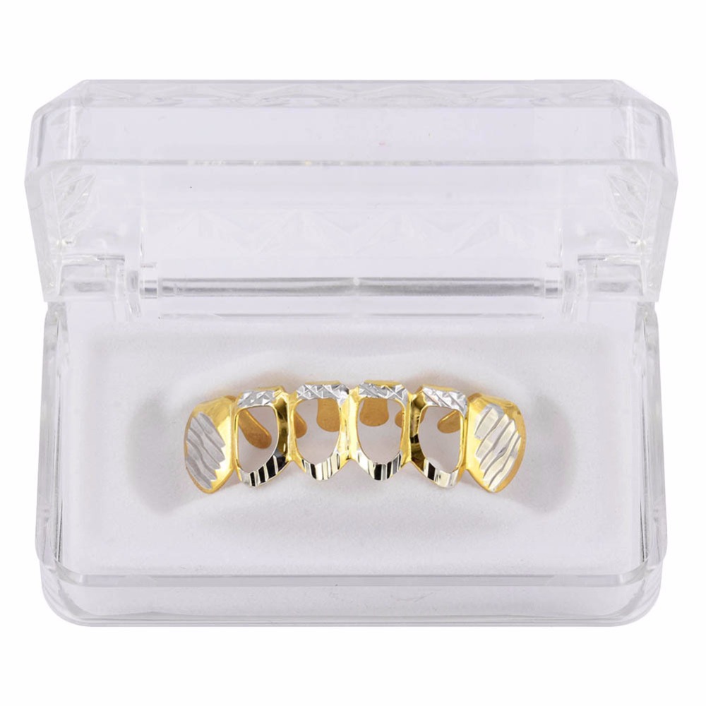 New Gold Silver Hollow Open Dlampnd Cut 6 Tooth Top Bottom Grills Teeth Caps Tooth HipHop GRILLZ Set Party Jewelry