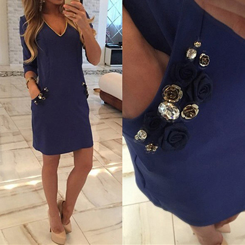 Wholesale- omen's Fashion Pure Color Package Hips Dress Sexy Deep V-neck Party Dresses 09WG