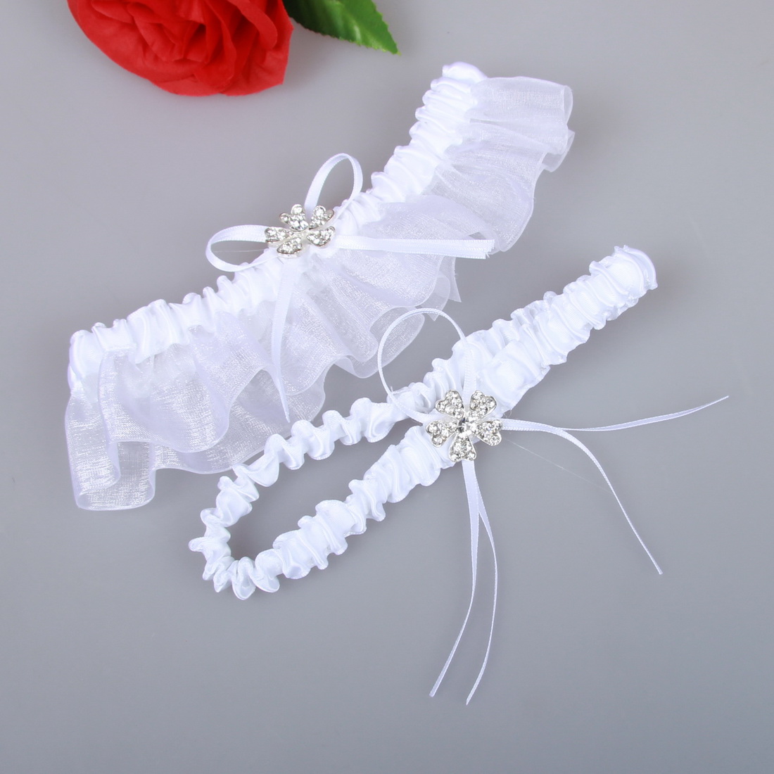 White Bridal Garters Belt Organza Sexy Feminine Crystals Wedding Leg Garters Bow 2 Pcs Set Prom Homecoming Free Size 15-23 Inches White