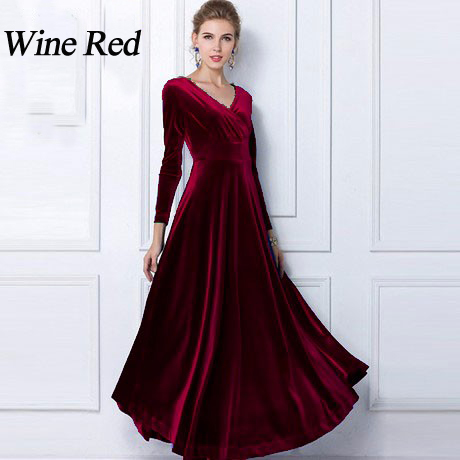 Wholesale- Winter Women Plus Size Velvet Dress Long Sleeve Maxi Dress Evening Party Vintage Dress Black Blue Green Purple Vestido Longo