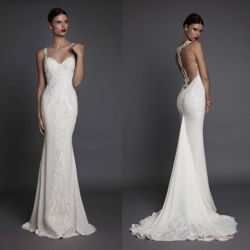 Betra Illusion Mermaid Wedding Dresses Spaghetti Neckline Appliques Wedding Gowns Sweep Length Zipper Back Wedding Dress