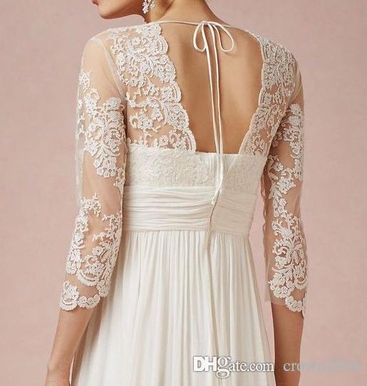Lace Knee Length Beach Wedding Dress With V-Neck 3/4 Sleeve Ruffles Empire Backless Chiffon Summer Short Bridal Gowns Fashion