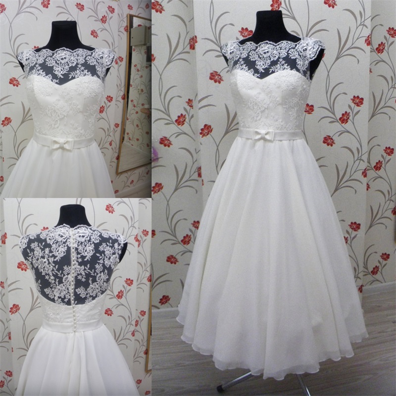 Vintage Tea Length Wedding Dress with Lace Corset Illusion Neckline Cap Sleeve Chiffon Skirt Satin Belt White Beach Wedding Gowns