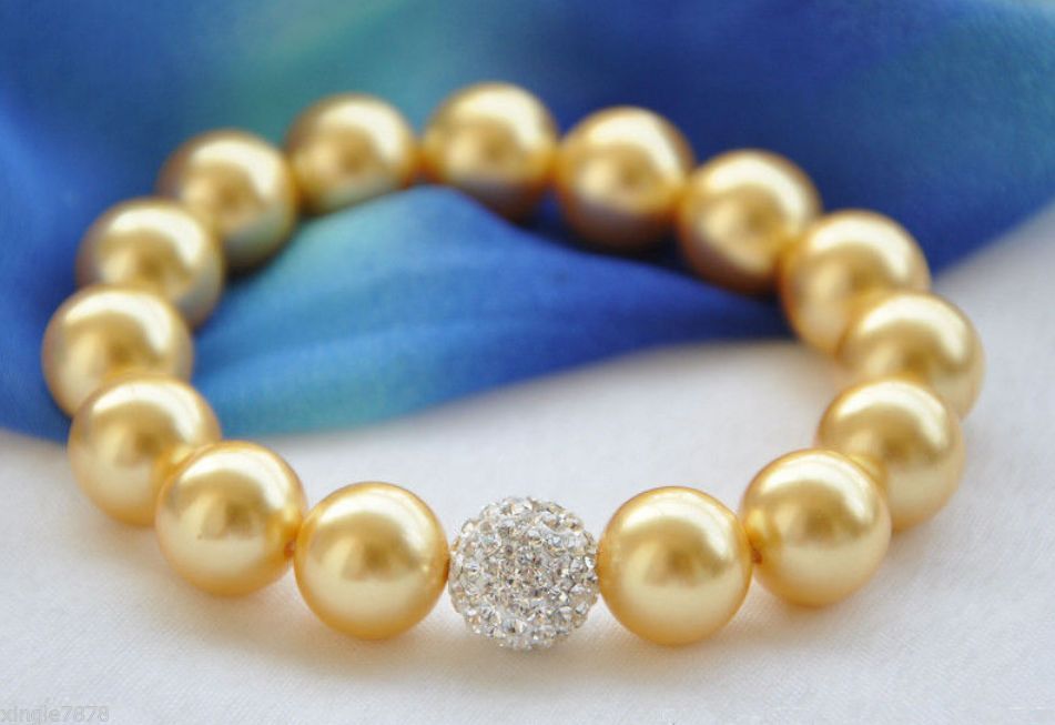 Fashion Jewelry 12mm Genuine Golden South Sea Shell Pearl Gems Bracelet 7.5''