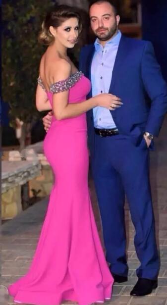 Modest 2018 Hot Pink Mermaid Long Evening Dresses Elegant Beads Crystals Off The Shoulder Formal Prom Gowns Free Shipping EN6292