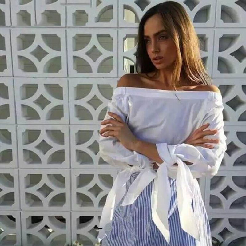 Chiffon Blouse Women Fashion Slash Neck Striped Shirt Summer Off Shoulder Casual Tops Bow Tie Bandage Womens Blouses T Shirts Blusa Mujer S-xl