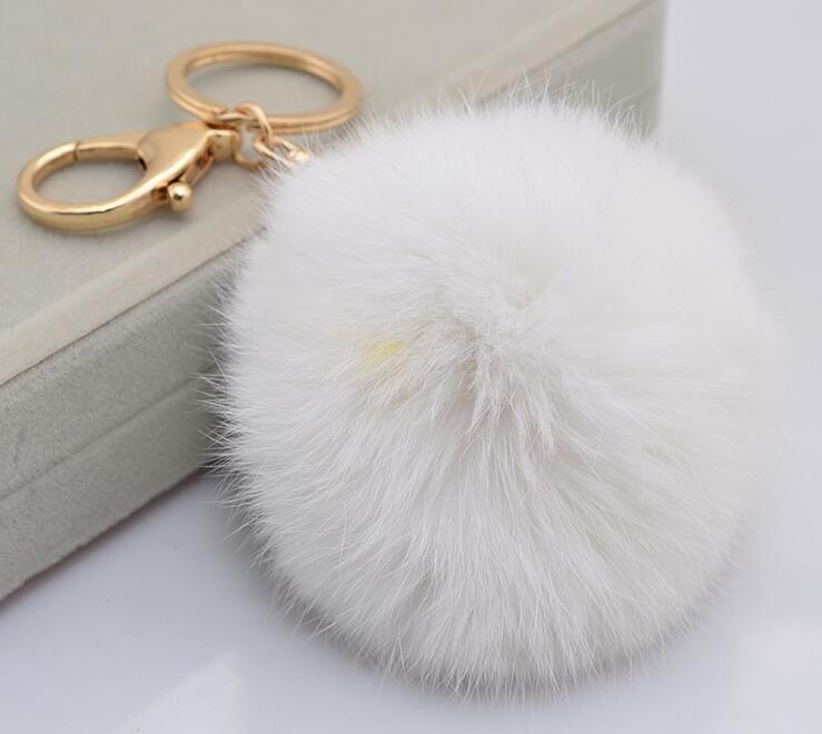 Fashion Real Rabbit Fur Keychain 8cm Lovely Gold Metal Key Chains Ball Pom Poms Plush Keychains Car Keyring Bag Rings Free shipping