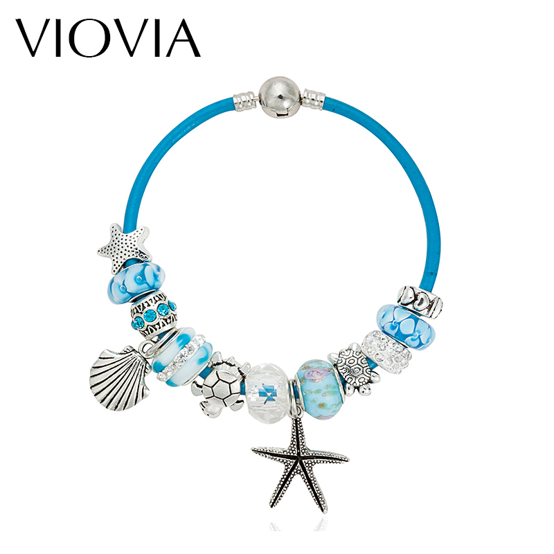 Wholesale- VIOVIA Summer Style Blue Leather Bracelets & Bangles Sea Turtle Star Shell Charm murano glass beads bracelet for women B15180
Wholesale- VIOVIA Summer Style Blue Leather Bracelets & Bangles Sea Turtle Star Shell Charm murano glass beads bracelet for women B15180