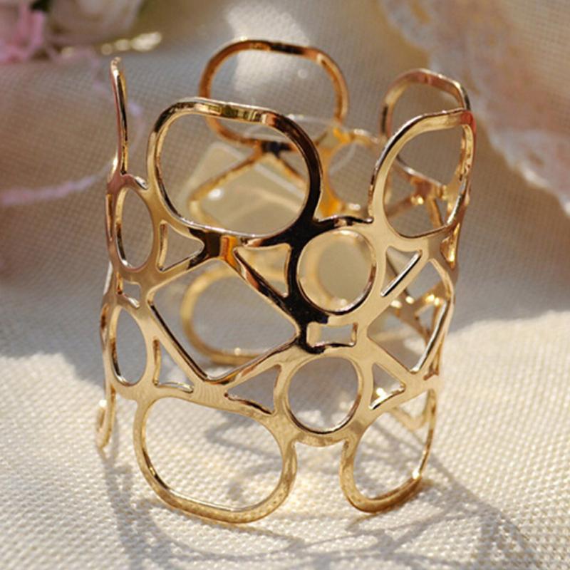 Wholesale- New Gold Plated Statement Punk Fashion Metal Opening Hollow 0ut Bracelets For Women Men