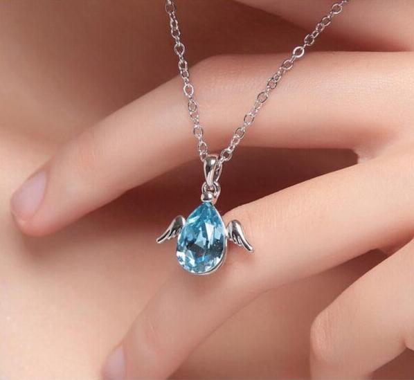 Hot sale Angel wings fine female short necklace water droplets anti-allergic pendant WFN102 (with chain) mix order 20 pieces a lot