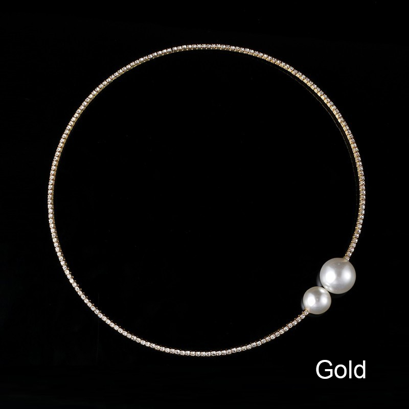 Elegant Delicate Crystal Rhinestone Choker Necklace Big Pearl Charm Single Strand Faux Pearl Necklace Diamond Collar for Women