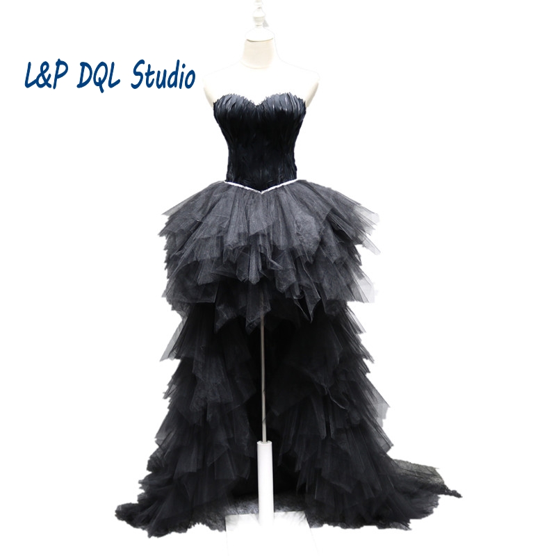Real Pictures Prom Dress Black Feathers Ball Gown Hi Lo Evening Dresses Quinceanera Dresses High Waist with Beading Sequins
