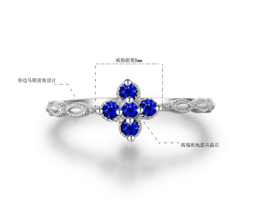 Wholesale Cute Handmade Luxury Jewelry 925 Sterling Silver Blue Sapphire CZ Diamond Four Leaf Gemstones Women Wedding Band Ring Gift Size5-9
