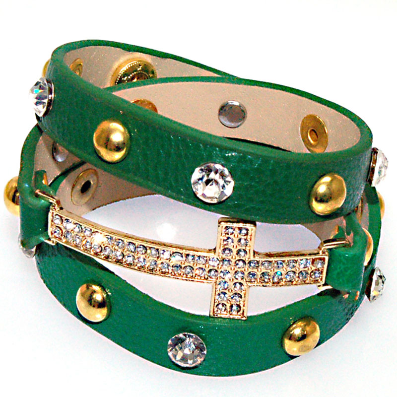 Pink Leather Strands With Micro Pave CZ Disco Crystal Cross Charm Bracelets Jewelry