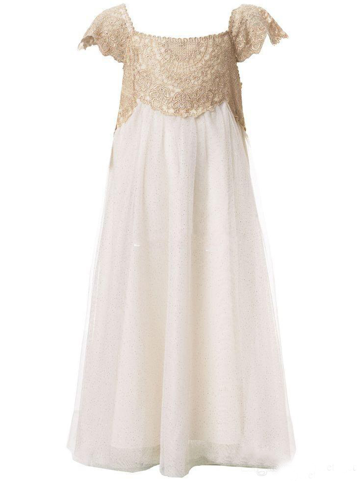 2020 Vintage Wedding Flower Girls Dress Square Neck Short Sleeves A Line Champagne Lace Ivory Tulle Long Kids Formal Dresses