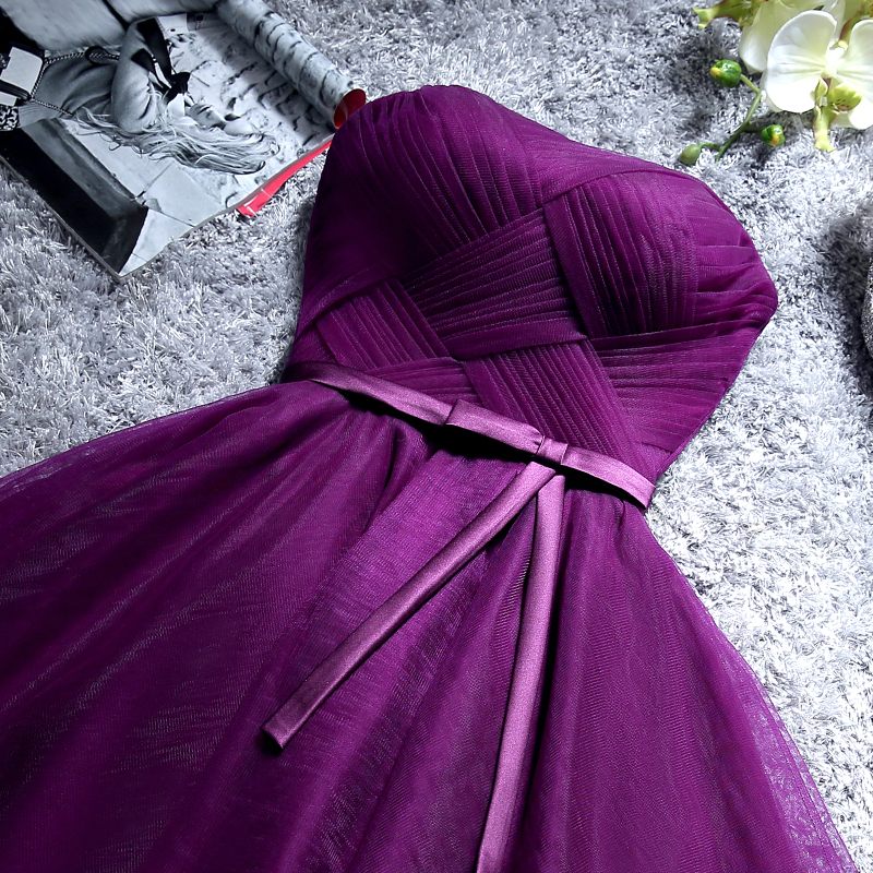 Purple Bridesmaid Dresses Knee-Length Strapless Lace-up Back Light Gray Pleats Tulle Wedding Party Dress Cheap Summer Style