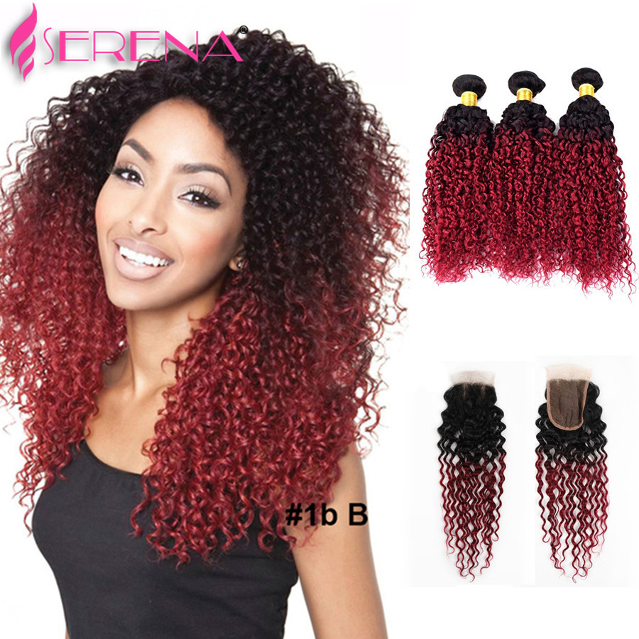 

Ombre Kinky Curly Hair Human Hair Bundles With Closure Ombre 3 Bundle Deals With Frontal 1b Burgundy Brazilian Virgin Hair With Closure, 1b/99j;1b/burgundy