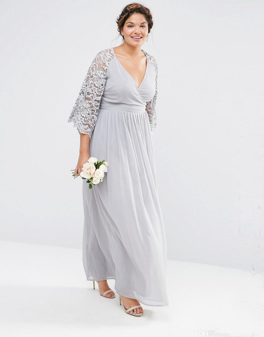 2018 Silver Chiffon Mother Of The Bride Dresses V Neck A Line 3/4 Length Lace Sleeve Mother of the Groom Dress Custom