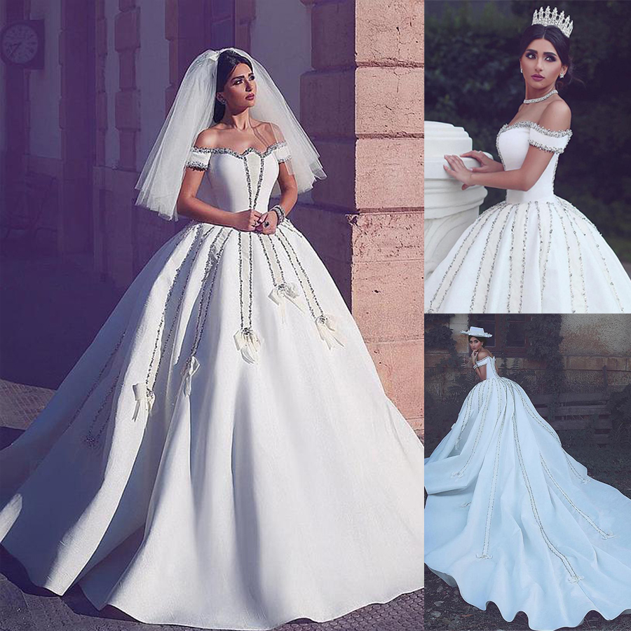 Vintage Satin Off-the-shoulder Neckline Ball Gown Wedding Dresses With Beadings & Rhinestones Crystals Bridal Gowns vestidos de fiesta, Custom made from color chart
Vintage Satin Off-the-shoulder Neckline Ball Gown Wedding Dresses With Beadings & Rhinestones Crystals Bridal Gowns vestidos de fiesta, Custom made from color chart