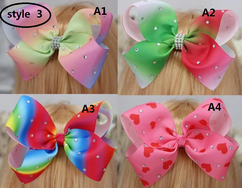 Ombre rainbow ribbon hair bow clip 6inch Large rhinestone hair bow 20pcs/
