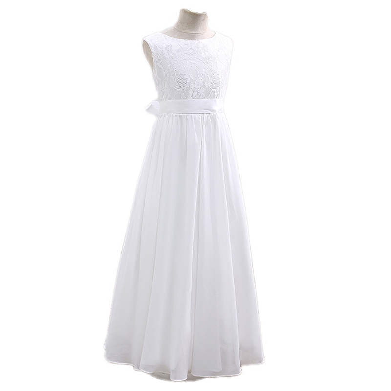 Bateau Neck Soft Satin Flower Girl Dress With Lace Embroidery 2019 Floor Length Princess Communion Dress