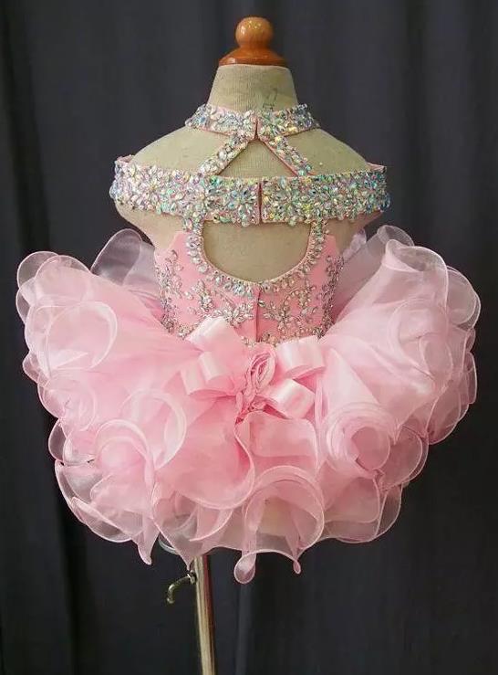 New Toddler Pageant Dresses Pink Organza Cupcake Kids Prom Gowns Crystal Beaded Open Back With Bow Formal Little Girls Birthday Party Dress
