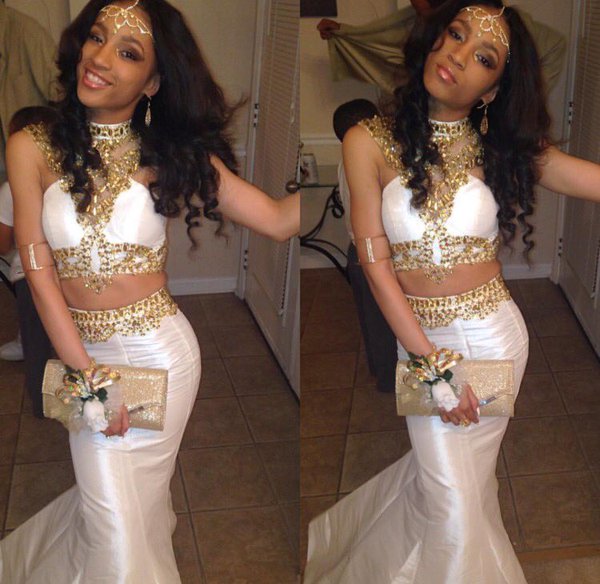 2020 Sexy Black Girl Two Pieces Prom Dresses Mermaid White Gold Beaded Rhinestones Prom Dress Long Party Dress