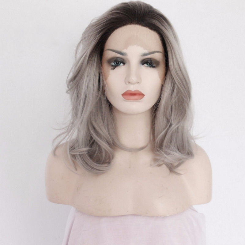 Natural Wavy Heat Resistant Lace Front Wig Synthetic Hair Black Root Ombre Gray Hair womens gray wig