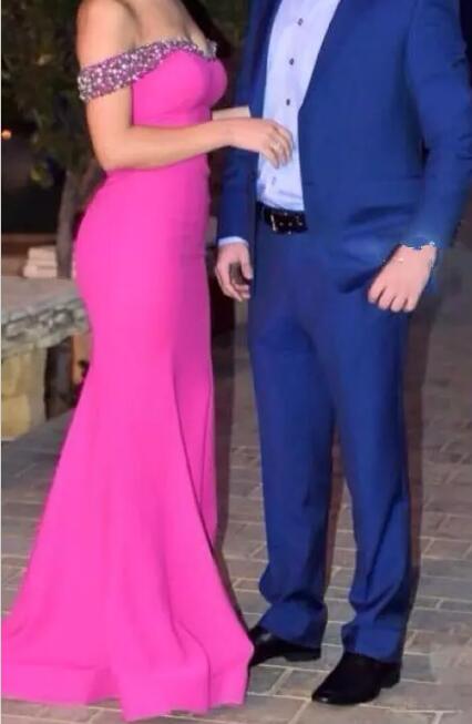 Modest 2018 Hot Pink Mermaid Long Evening Dresses Elegant Beads Crystals Off The Shoulder Formal Prom Gowns Free Shipping EN6292