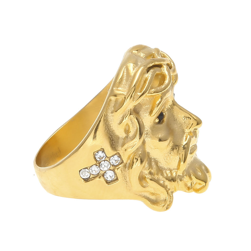 Men Hip Hop Ring Color Retaining Jesus Cross CZ Jesus Head Ring Gold Plated stainless steel Simulate Dimond Iced out Rings