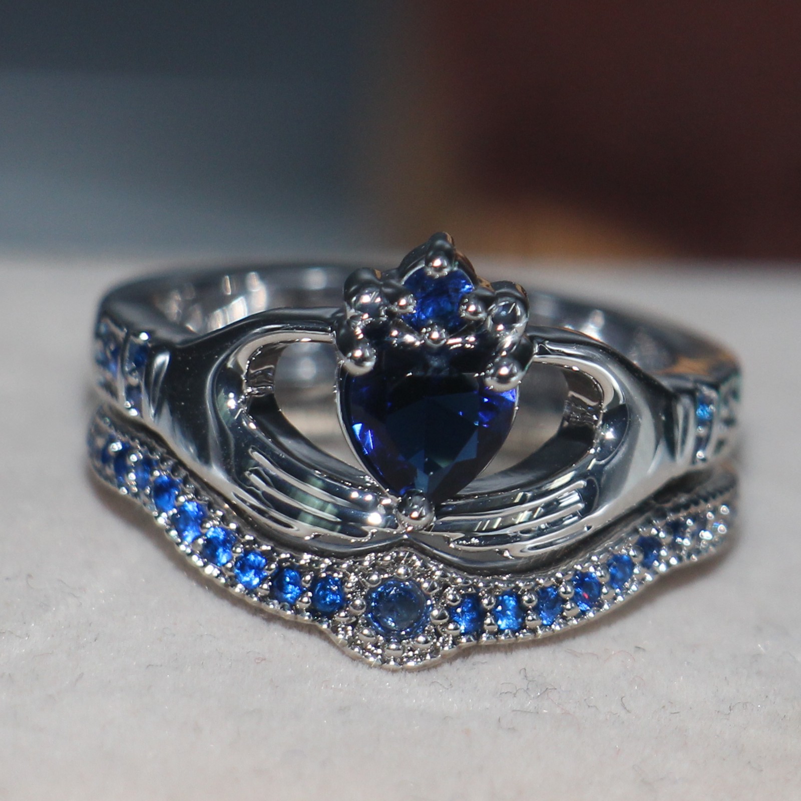 Women's 10K White Gold Filled Heart Blue Sapphire Birthstone Ring, Sizes 5-11