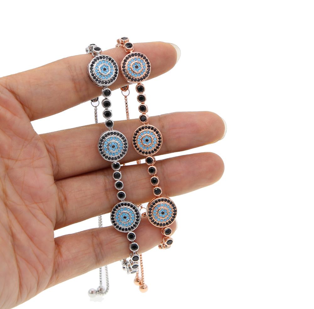 Fit pandora fashion jewelry micro pave cz turquoise stone evil eye charm adjust girl jewelry black cz tennis bracelet