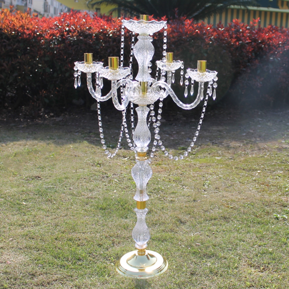 New 90cm height Acrylic 5-arms golden color metal candelabras with crystal pendants wedding candle holder centerpiece 1 lot=10 pieces
