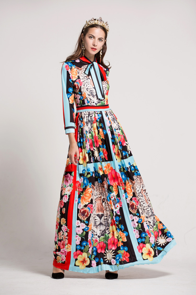 Women's O Neck Long Sleeves Bow Detailing Floral Printed Striped Pleated Elegant Maxi Runway Dresses