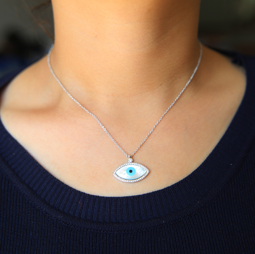 factory wholesale fashion jewelry big pendant mother of pearl evil eye charm pave cz delicate turkish evil eye necklace