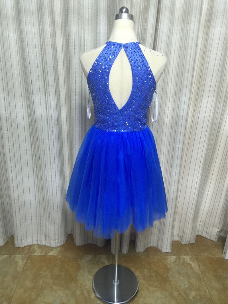 2017 Sexy Blue Sequined Backless A-Line Mini Homecoming Dress With Beading Tulle Graduation Prom Party Gown BH03
