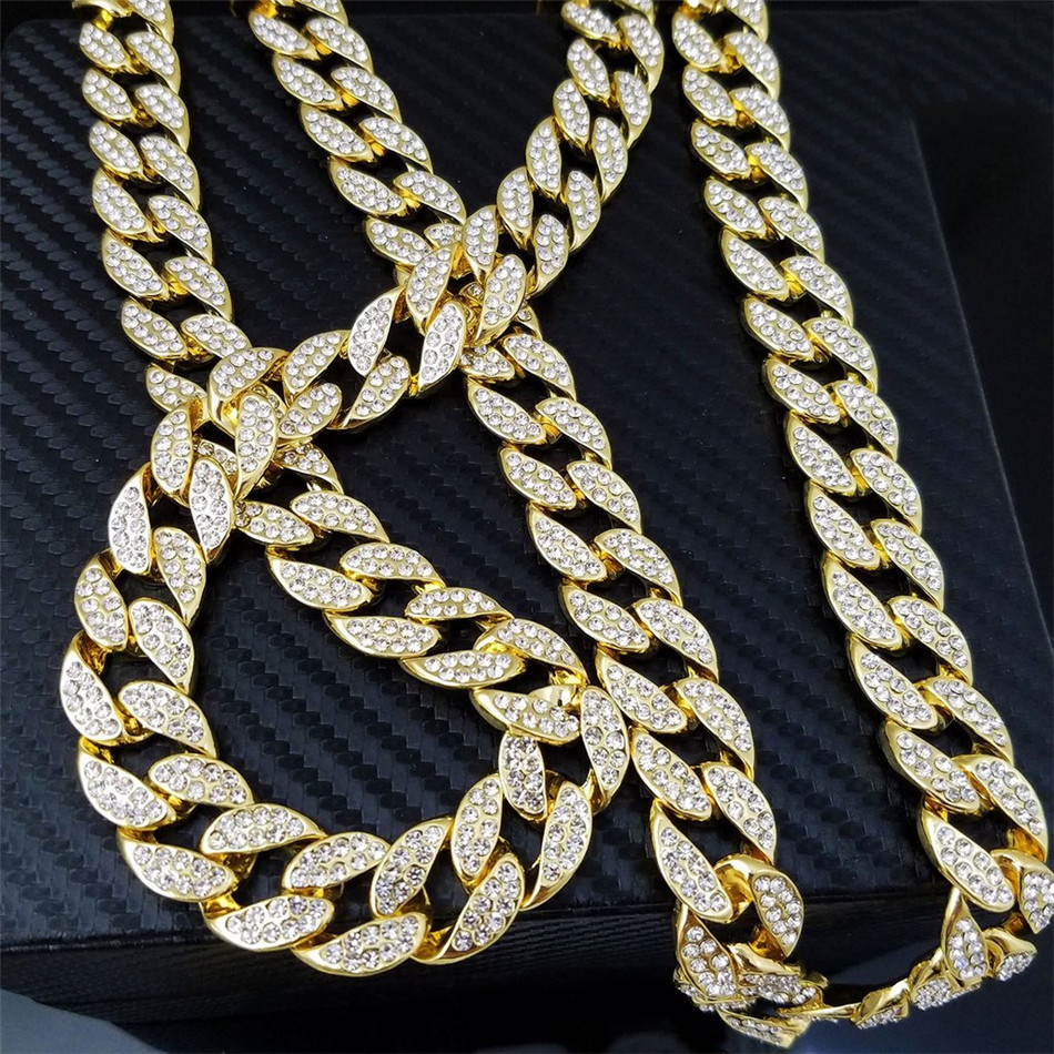 Whosale 16Inch 18Inch 20Inch 22Inch 24Inch 26Inch 28Inch 30Inch Iced Out Rhinestone Gold Silver Miami Cuban Link Chain Men Hiphop Necklace